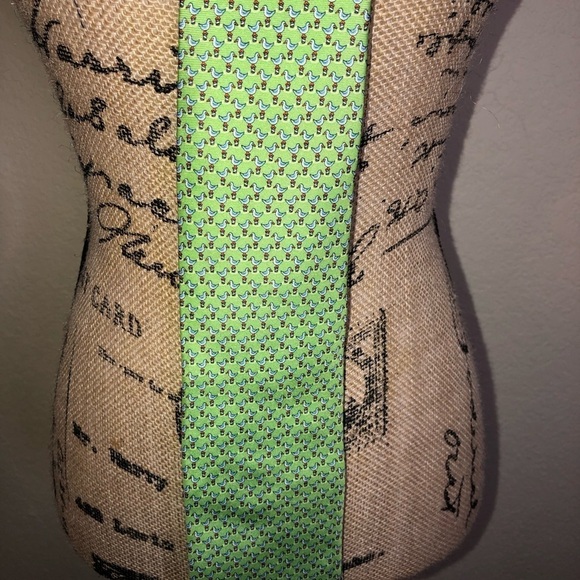 Jos. A. Bank Green Executive Tie with Blue Little Seagulls on it. - Picture 2 of 4